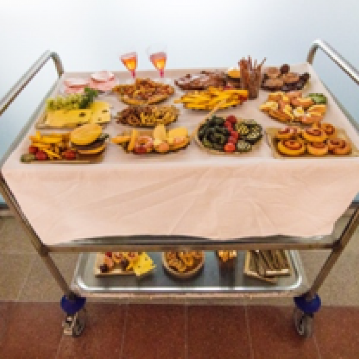 Buffet  Salzteig, Modelliermasse, Acrylfarbe, Lack, Plastikbecher, Plastikbesteck, Goldlack, Pappteller, Kunstharz, Servierwagen, Tischtuch, 2018   Das Buffet besteht aus Salzteig und Modelliermasse gefertigtem „Fake-Food“, platziert auf einem mit weißem Tischtuch gedeckten Servierwagen. Aus einer gewissen Entfernung soll das Buffet Besucher*innen und Passant*innen näher locken, um am Ende ihr Verlangen nach einem Snack oder Getränk nicht zu stillen. Zusätzlich schafft Buffet um sich einen Raum für den sozialen Erfahrungsaustausch von kollektiver Enttäuschung. © Sarah Schmidt